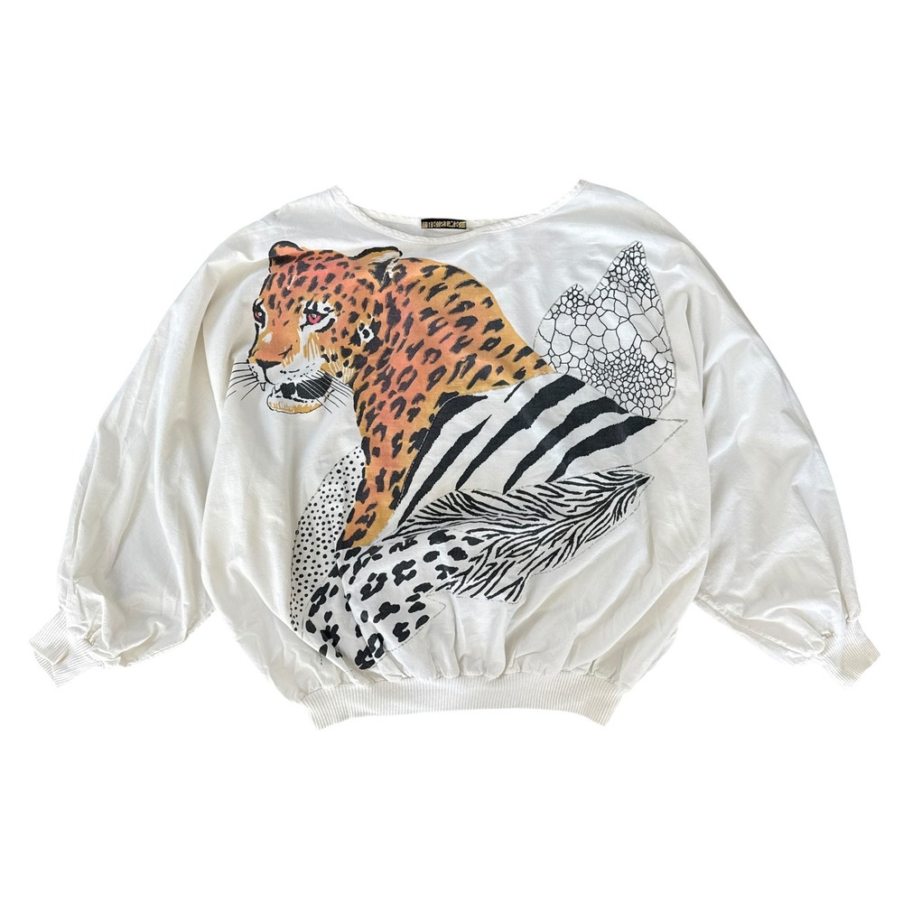 B.R. Star Contempo Casuals Leopard Cotton Batwing Shirt Large White Vintage 80s